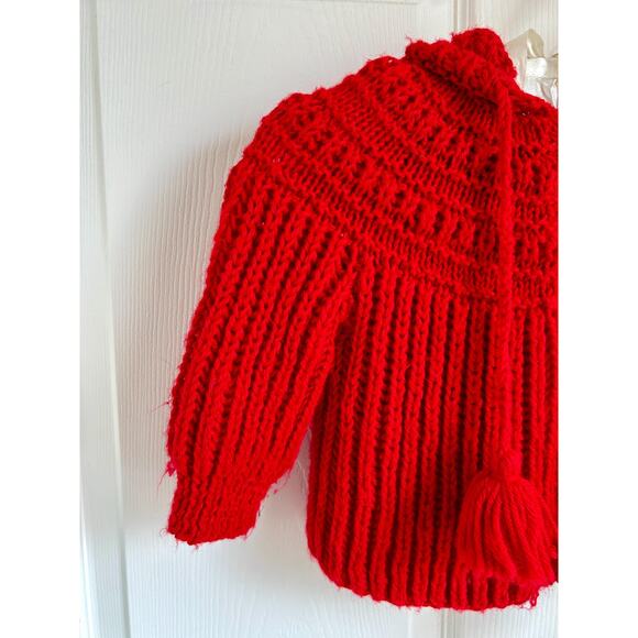 Vintage Hand Knit Bright Red Baby Cardigan with Hood and Tassels, 12 months - Picture 3 of 8